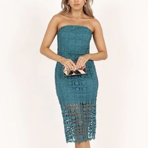 NWT Petal & Pup Teal Candice Strapless Lace Midi Dress Wedding Occasion Size 2